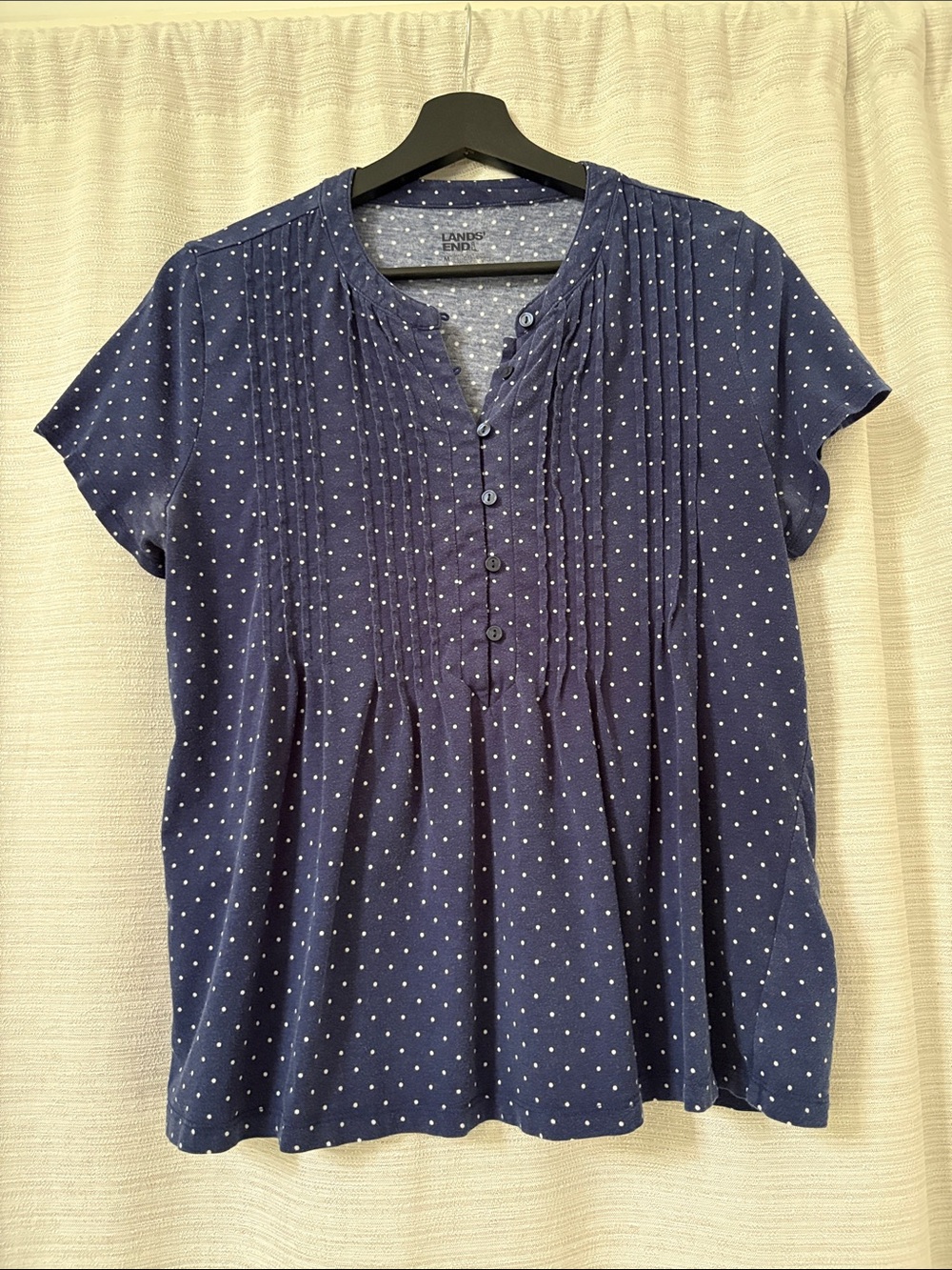 Lands' End Cotton Navy Blue Polka Dot Pintuck Button-Front Blouse size Medium